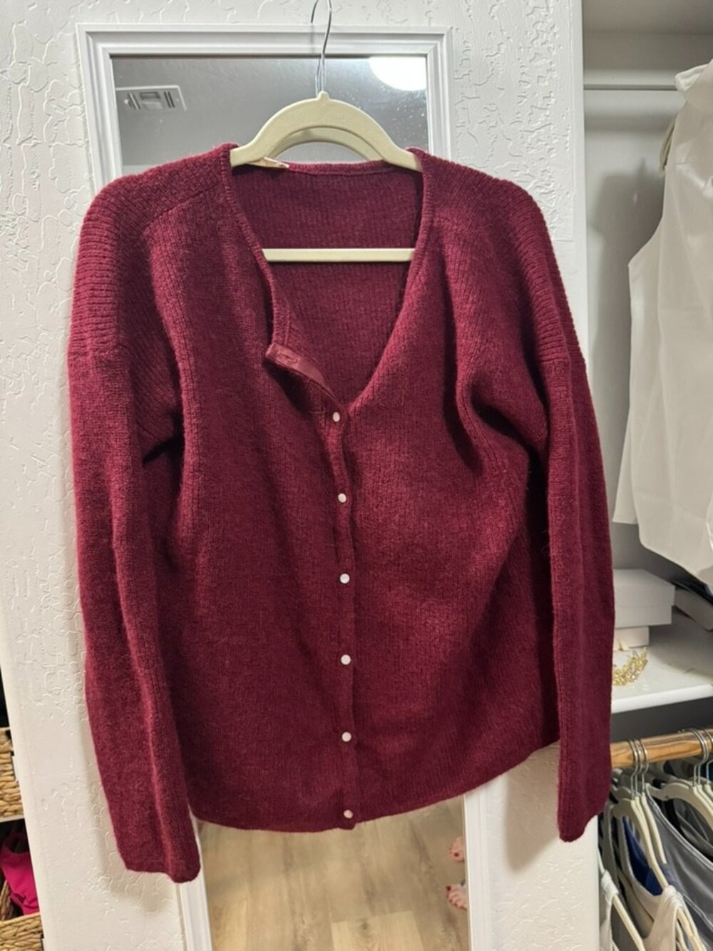 Sézane Gaspard Cardigan Burgundy Super Kid Mohair Snap Button Size L